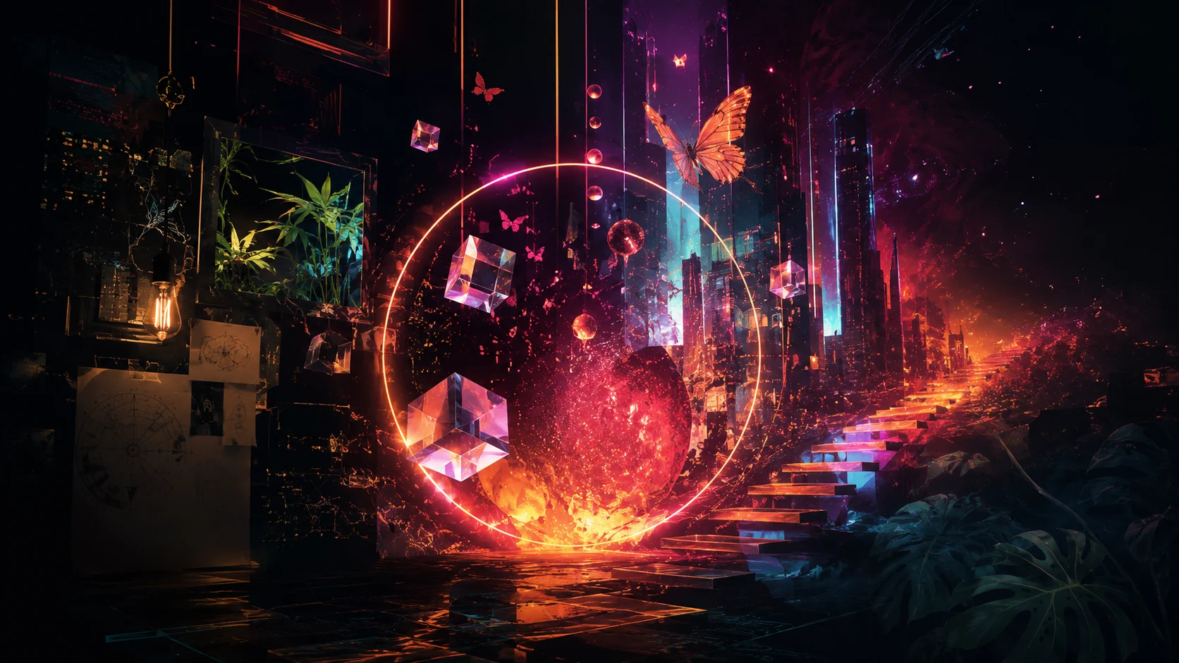 Neon portal ring glowing in a dark cyberpunk room with floating crystals, butterflies, and a staircase rising toward a city.