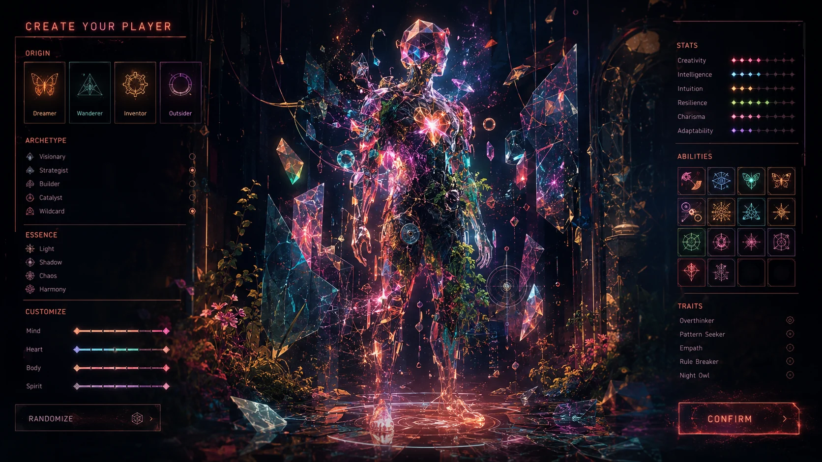 A glowing crystalline figure in a video-game character creation screen, with stats for creativity, intuition, resilience, and adaptability.