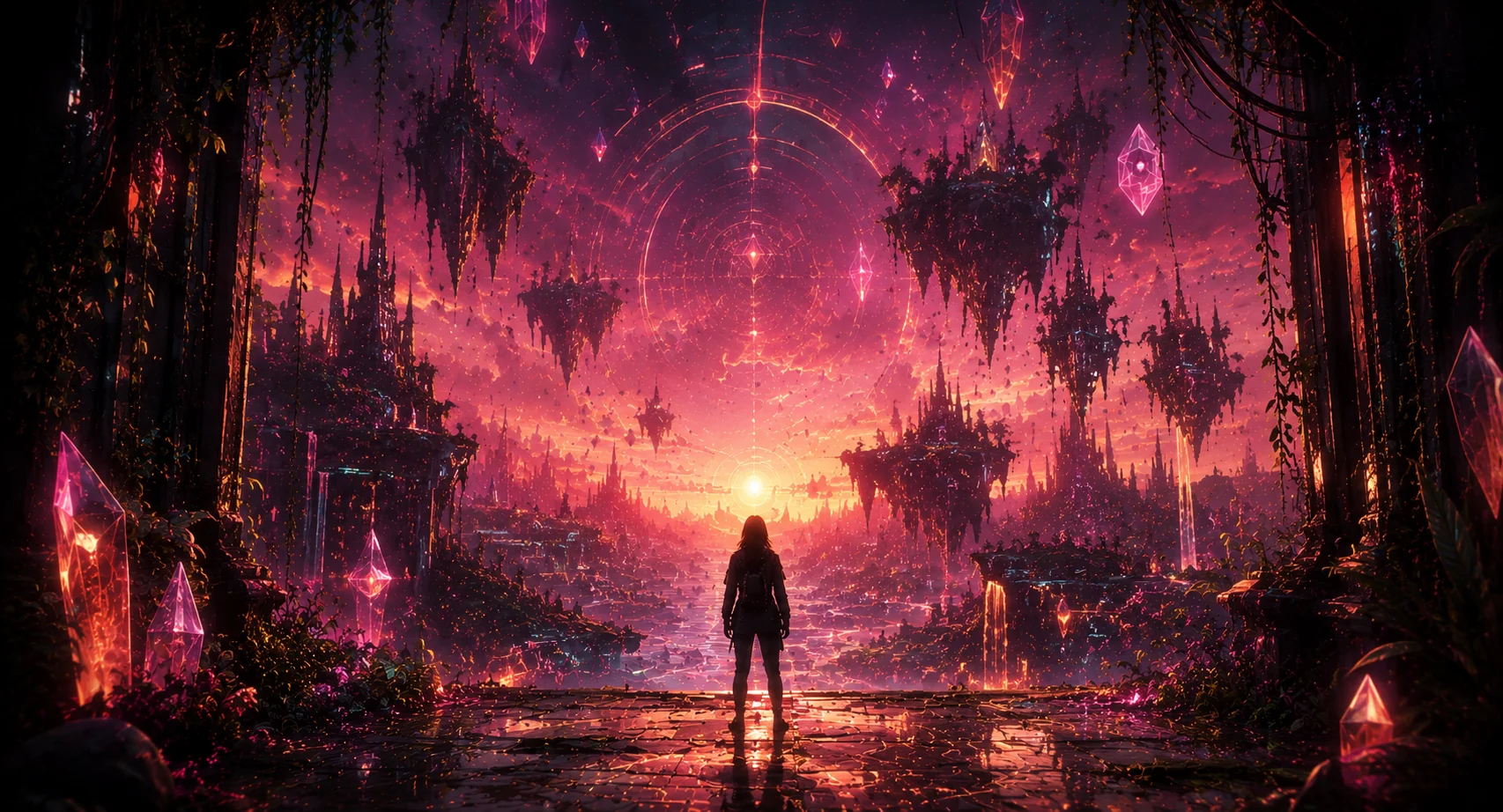 A lone figure stands at the edge of a glowing pink and orange fantasy world with floating islands and crystals.